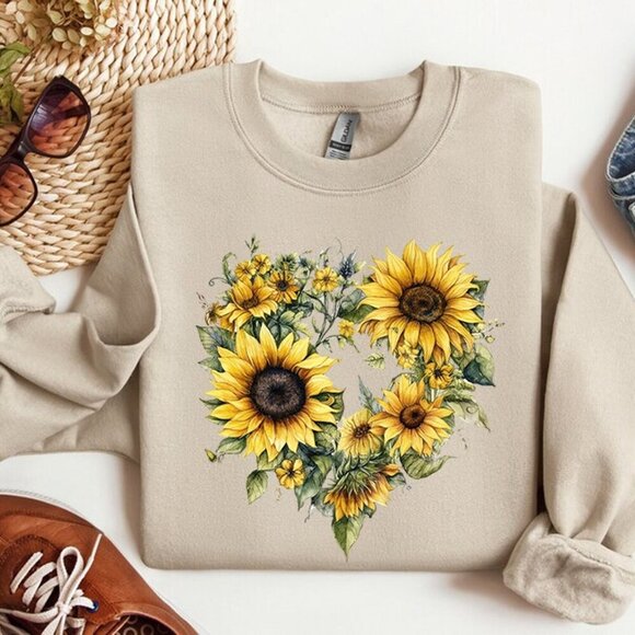 Samantha S Tops - Sunflower Sweatshirts, Floral Long Sleeve Sunflower Sweatshirt Flower Sweatshirt